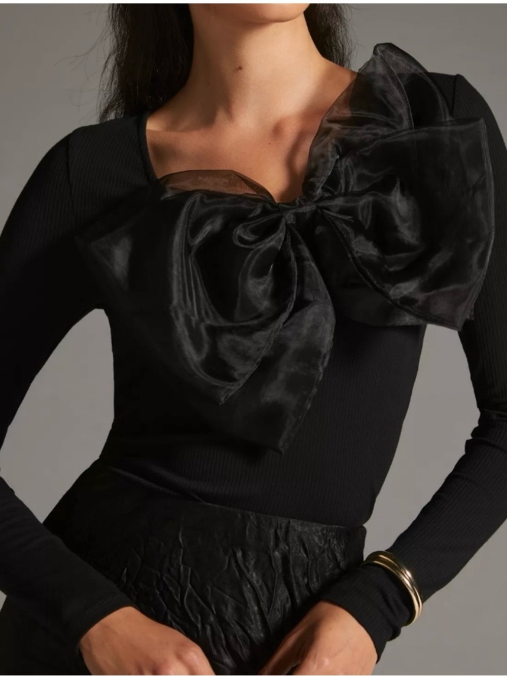 Anthropologie Sunday in Brooklyn Black Organza Bow Long-Sleeve Top size S.